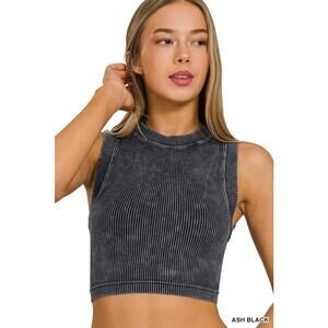 Stone Washed Ribbed Seamless Crop Tank Top Zenana